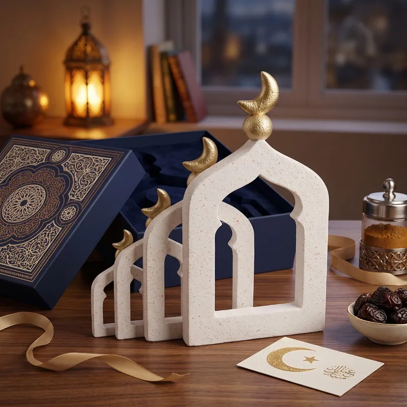 Ramadan Mosque Arch Resin Table Ornaments, Golden Moon Islamic Desktop Decor, Eid Mubarak Home Party Tabletop Decoration Gift