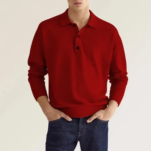 Herren-Poloshirt mit Reverskragen und Knopfleiste, Langarm, Strick, locker sitzend, einfarbig, lässig, für den Alltag, Pendler-Pullover – Detail 5