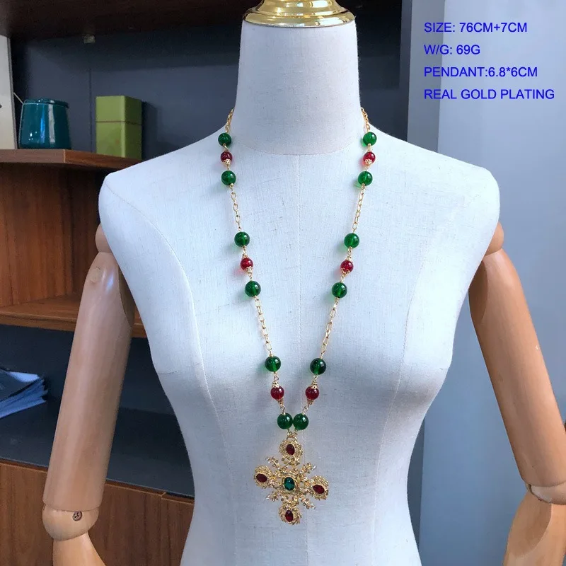 Electroplated Real Gold Ancient Red Green Glazed Round Beads Elegant Cross Shaped Gemstone Diamond Sweater Chain Necklace