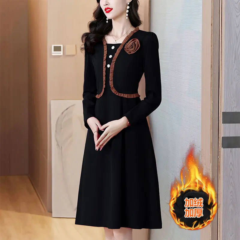 Fleece Dresses New Elegant Slim Ladies Women Clothing Long Sleeve Midi Dress Warm Vintage Dress Autumn Winter Patchwork Dresses