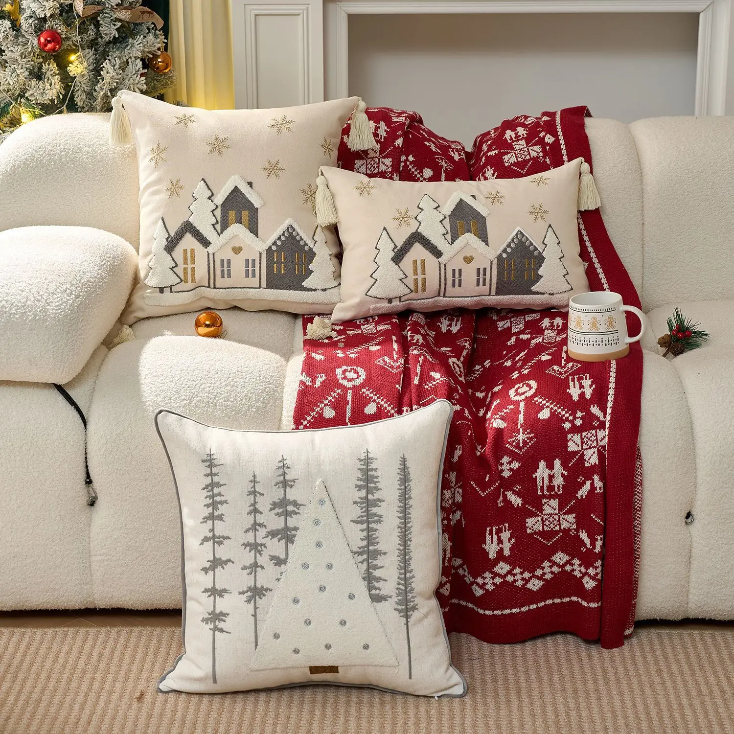 Merry Christmas Cushion Cover Christmas Cottage Embroidered Pillow Cover Happy and Festive Holiday Pillow Covers Decorative Home