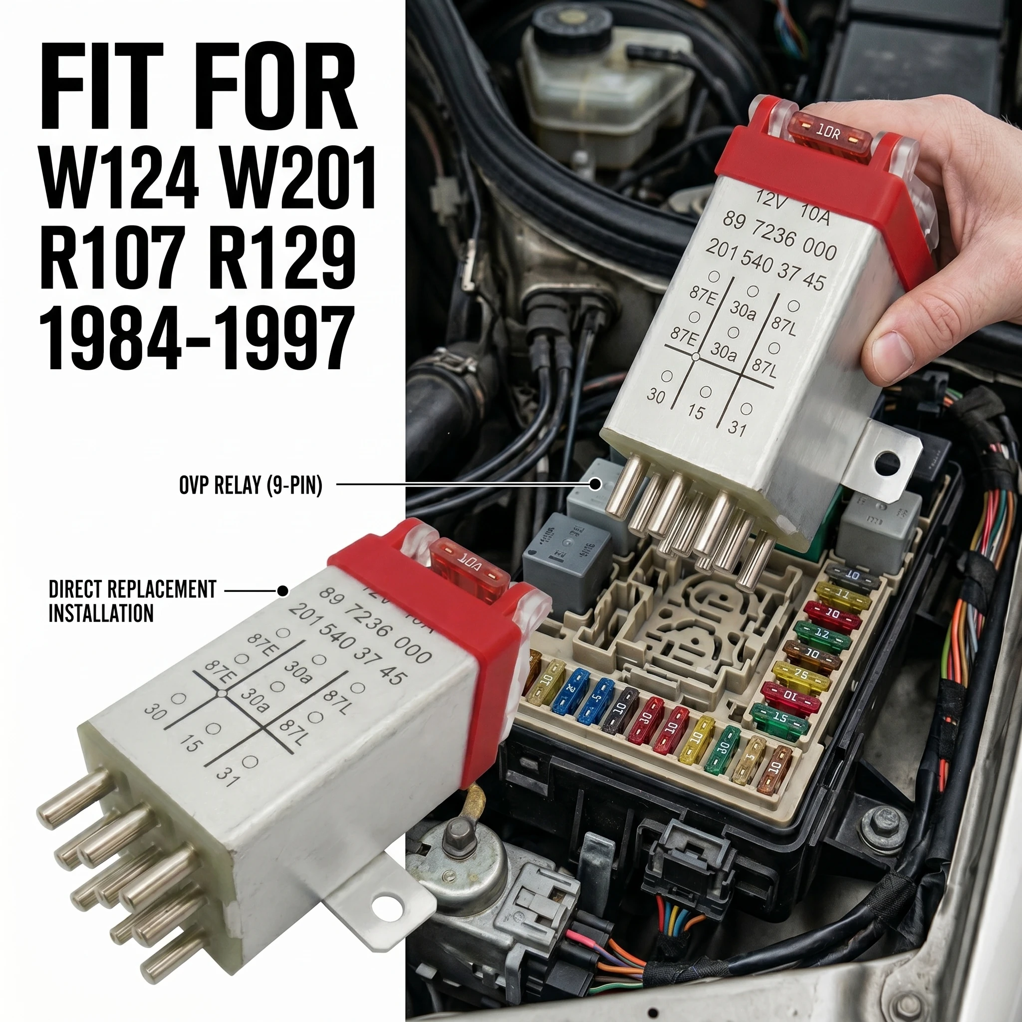 12V 9-Pin Überspannungsschutz OVP-Relais 10A Sicherung für Mercedes Benz W124 W201 W126 R107 R129 190E E300 300E Teil 2015403745 – Detail 4