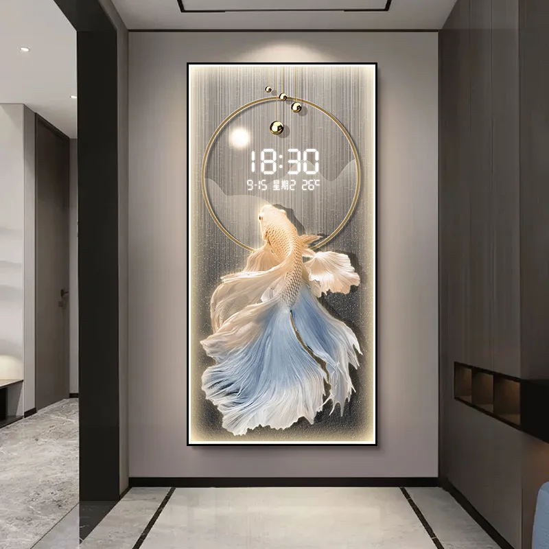 Modern entrance hall decoration paintings, high-end LED electronic screen clock paintings, corridor murals with lights