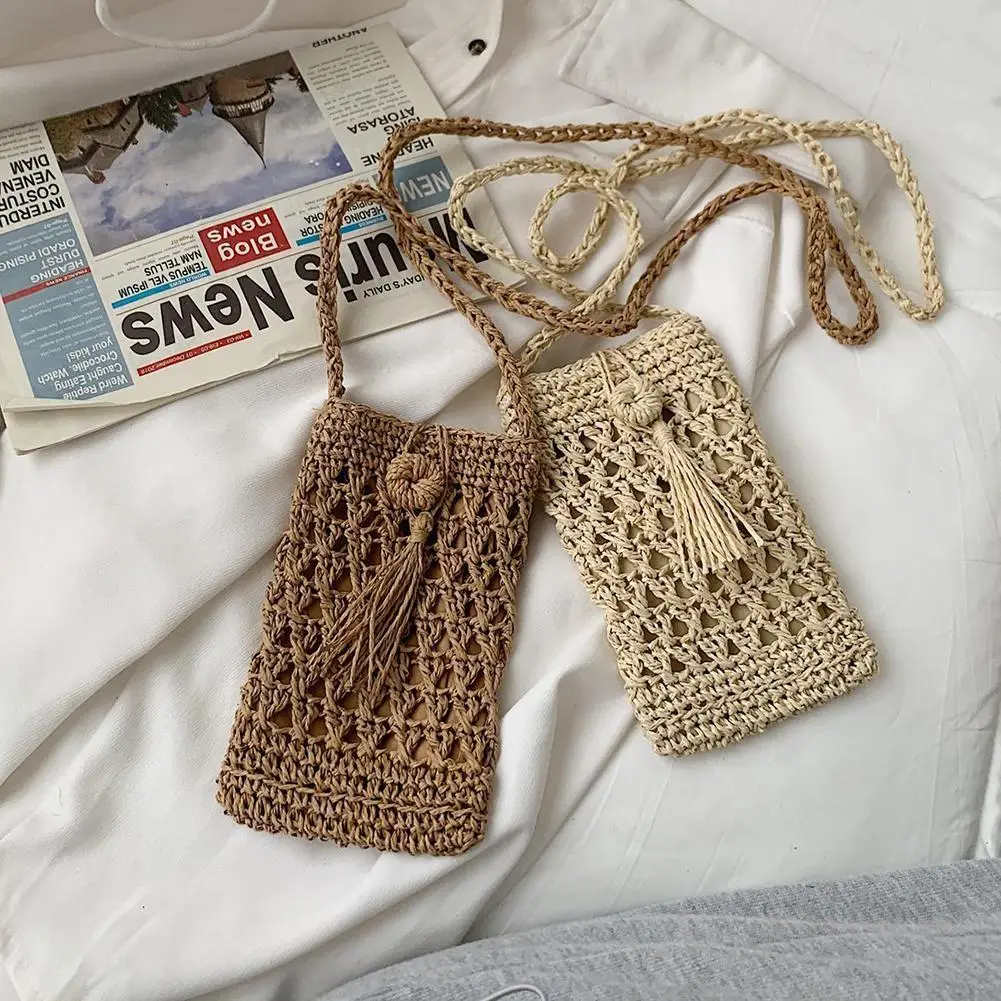 Bolso de teléfono cruzado Vintage para mujer, cuerda de paja tejida a mano, Mini monedero para vacaciones, bolsa informal para teléfono móvil, ropa de calle