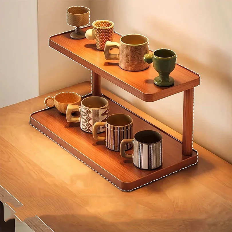 Versatile 2-Tier Wooden Storage Rack for Kitchen&Tea Room-Countertop Organizer with Decorative Desktop Multi-layer Storage Rack