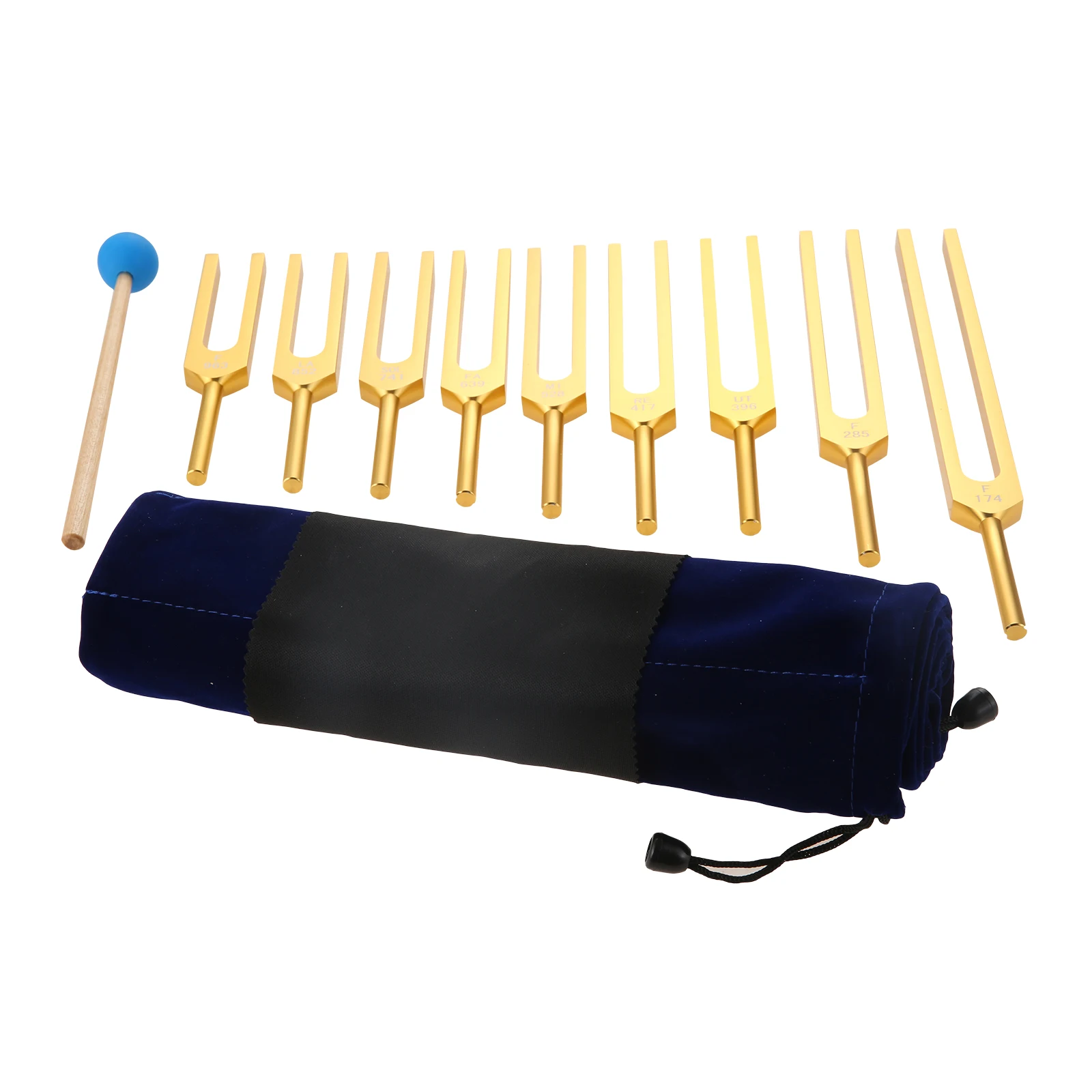 

9pcs/1set Golden Tuning Forks +Silicone Hammer + Bag Sound Healing 174/285/396/ 417/ 528/ 639 /741/852/ 963 Hz Relaxation Tools