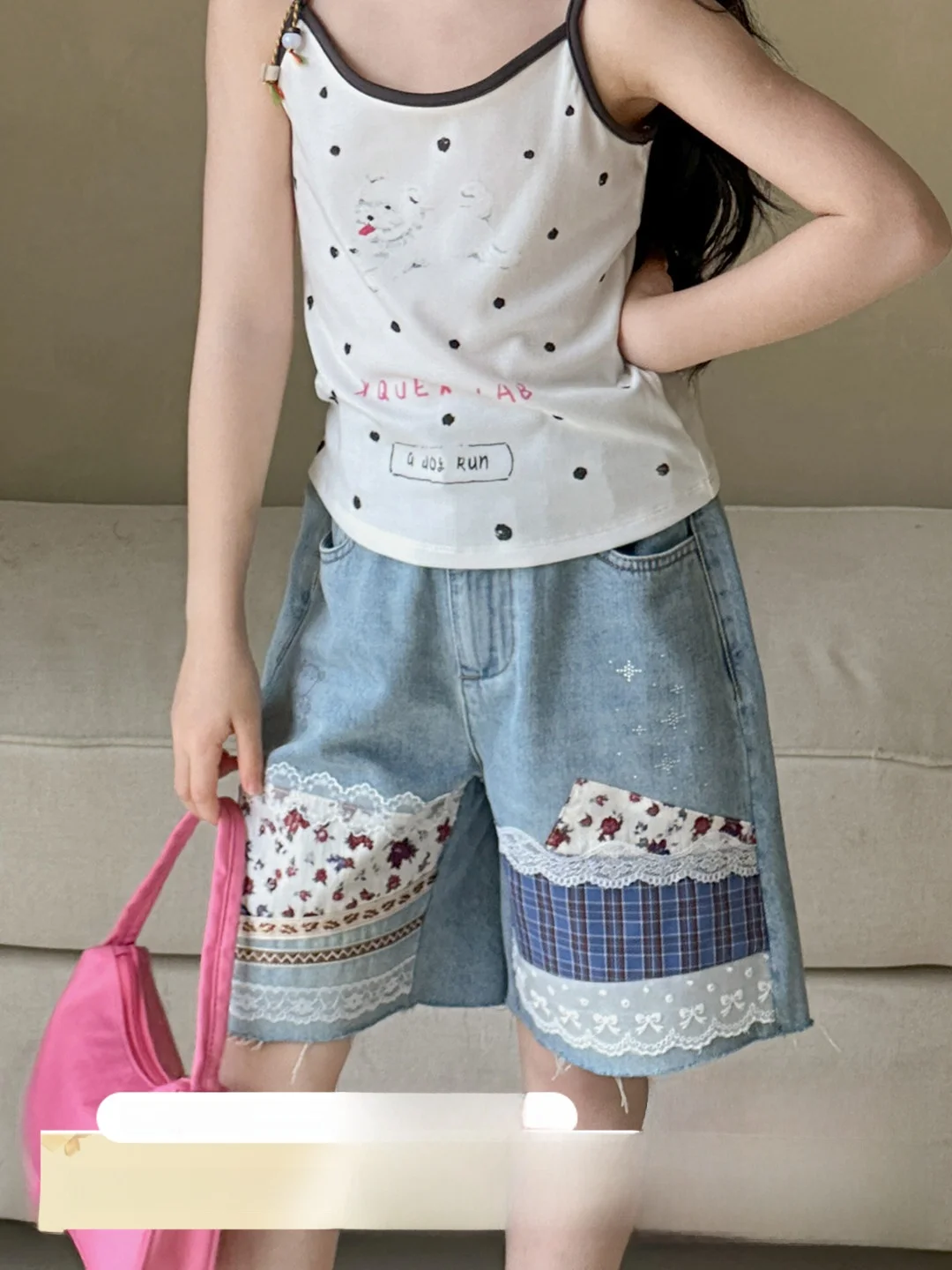 girls'-denim-shorts-summer-outfit-five-quarter-length-straight-leg-mid-waist-soft-fabric-casual-style-children's-clothing