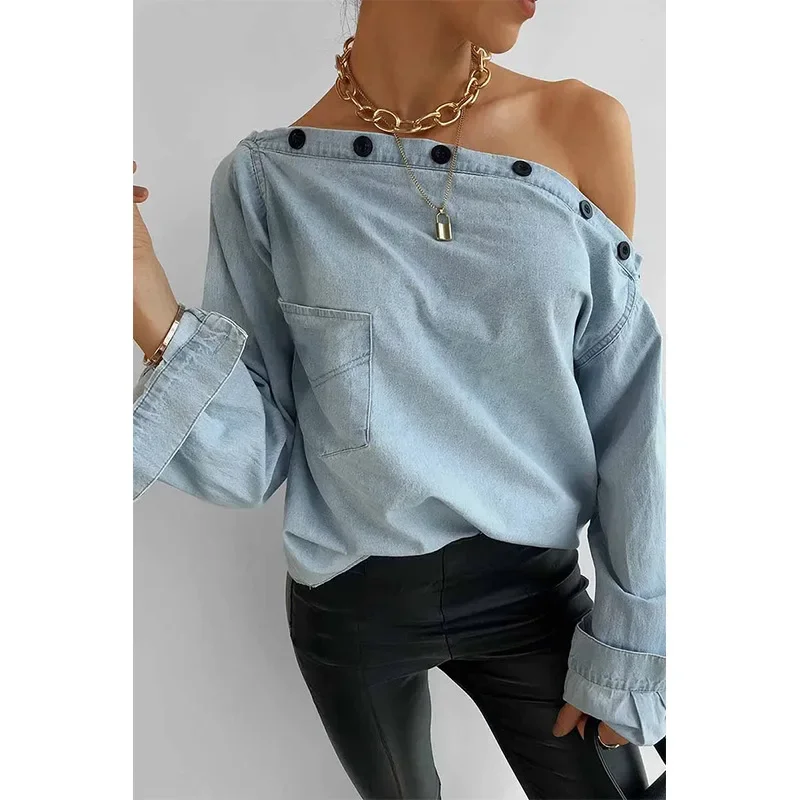 Lente Lange Mouw Onregelmatig Kraag Vrouwen Tops Koreaanse Stijl Blouses Voor Vrouwen Knoop Drop Shoulder Blouse Dame Blouse Vrouwen