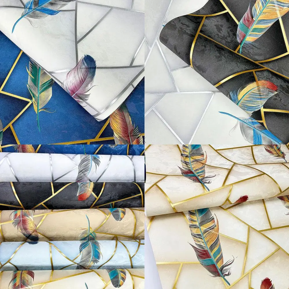 Modern Luxury Colorful Feather Gold Geometric Wallpaper Living Room Feature Wall Bedroom Studio Wall Decoration Wallpaper