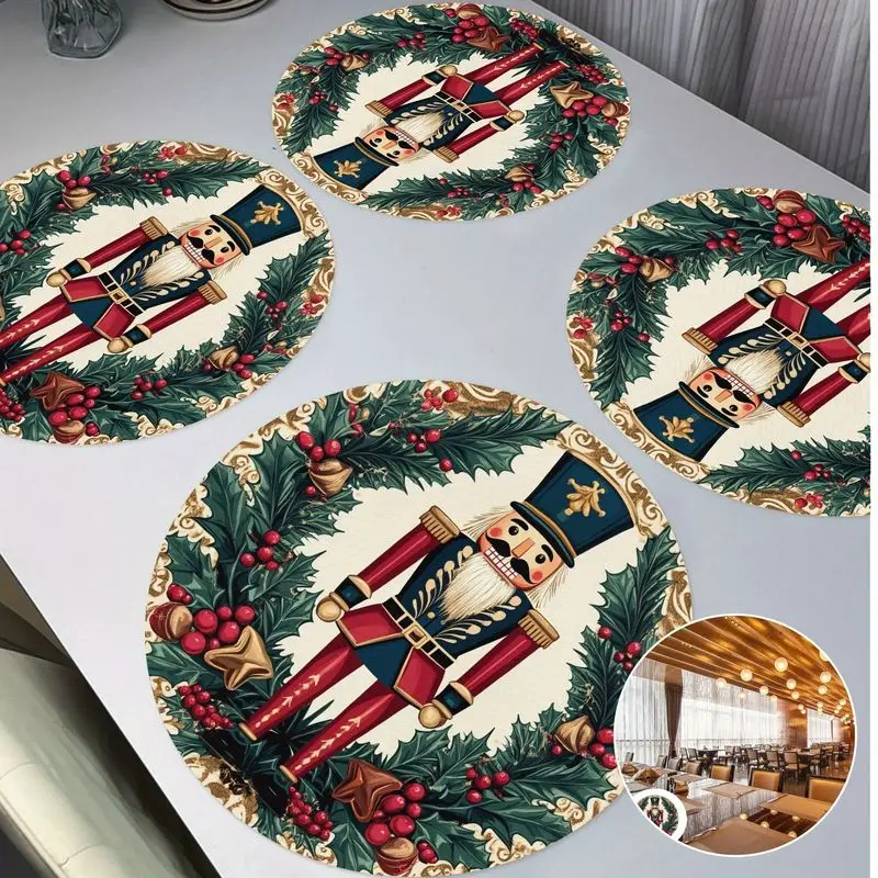 Nutcracker Soldier Circular Christmas Placemat, Wear-Resistant Plate Mat, Home Dining Table Decoration Placemat