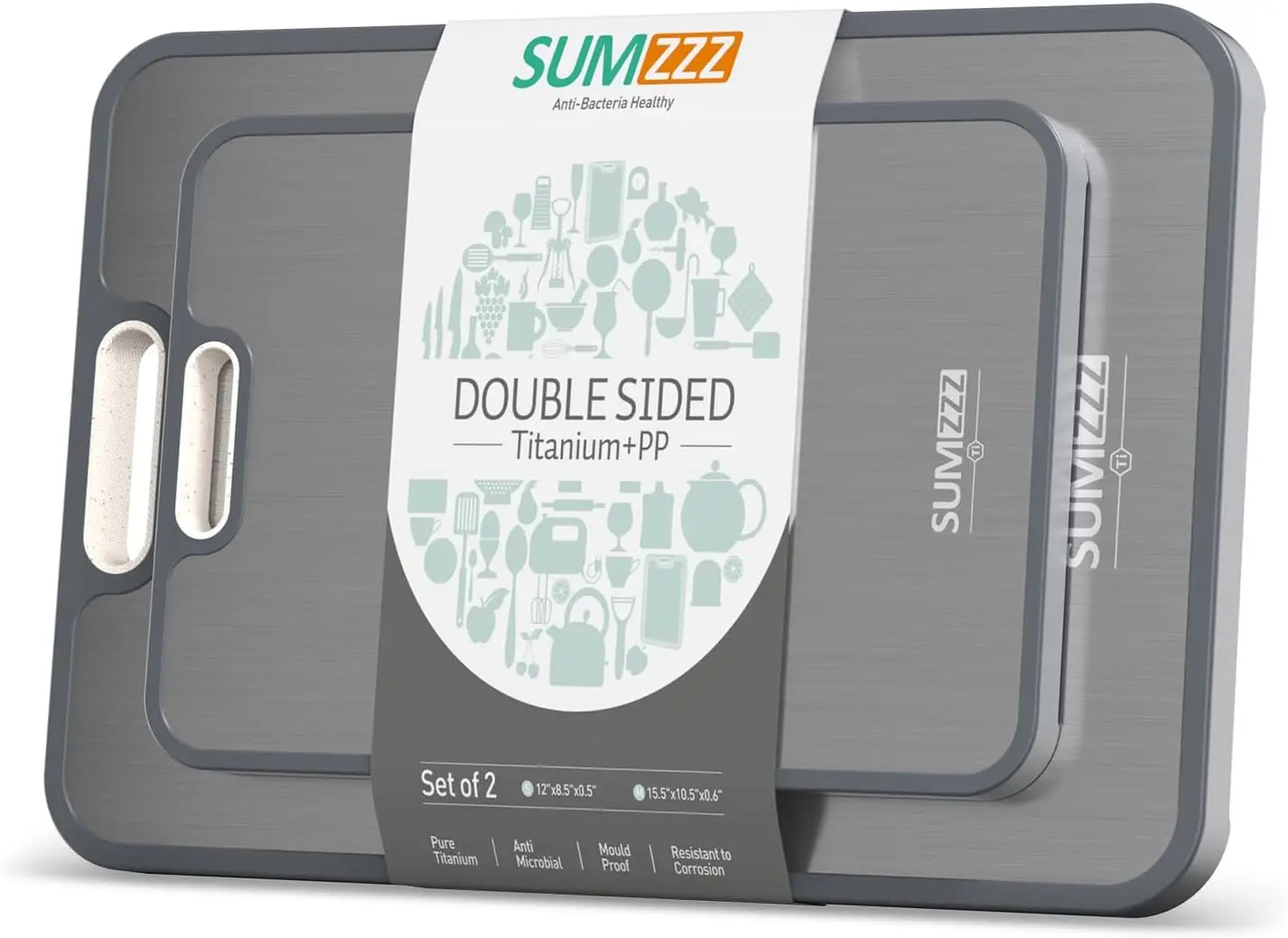 

Titanium Cutting Board Double Sided Food Grade Easy Clean Kitchen 15.5x10.5+12x8.5 Inches