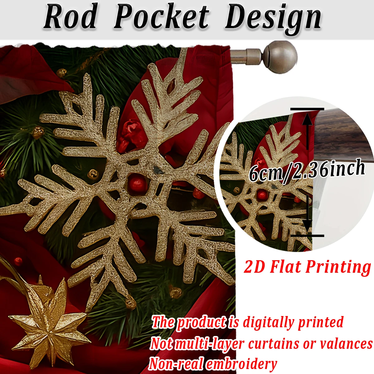 Cortina transparente con estampado plano de Navidad con bola navideña, cinta de copo de nieve, baya para decoración de sala de estar y dormitorio, fiesta navideña