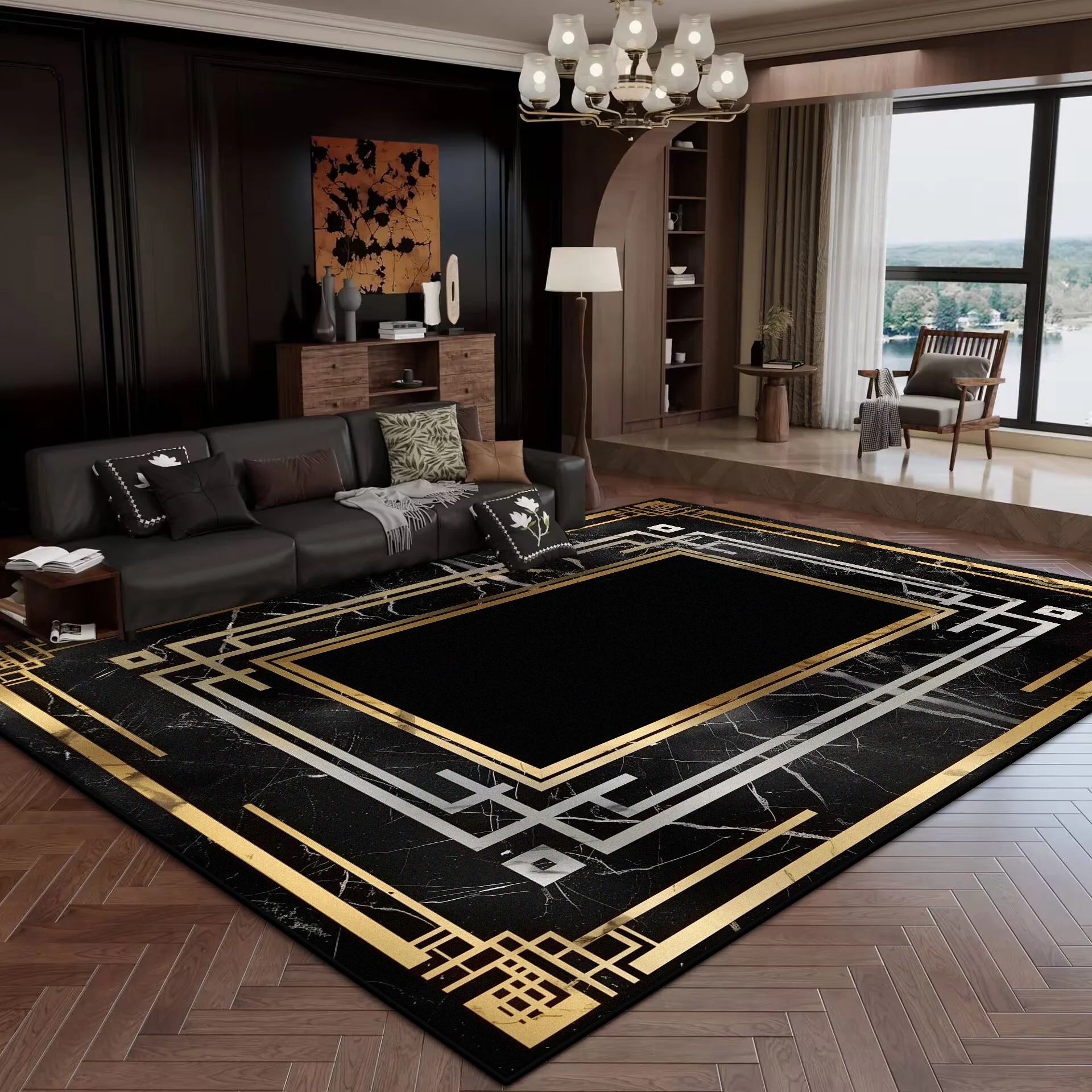

Luxury Black Gold CARPET FOR LIVE ROOM Decoration Bedroom Washable Modern Large Area Rugs Non-slip Lounge Rug Coffee Tables Mat