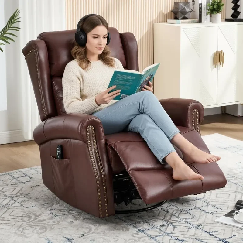 Genuine Leather Recliner Chair for Adults 360 Swivel Glider Rocker with Heat Vibrating Massage Push Back Recliner Chair