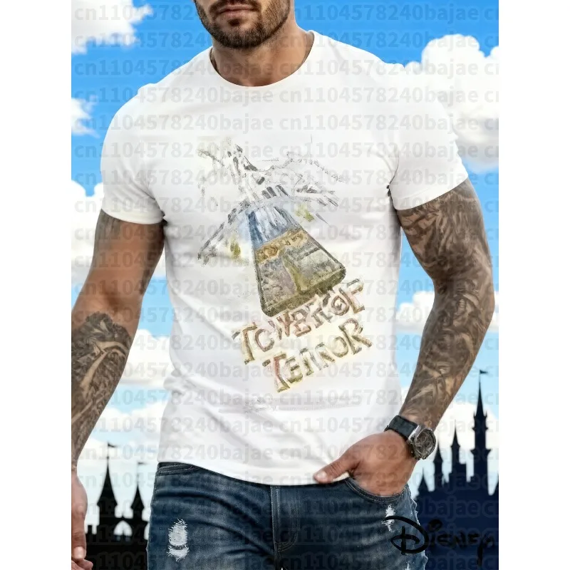 

2025 Summer Disney Tower of Terror100% Cotton Printed T-shirt Animation Men and Women Retro Leisure Street Family Parent-child