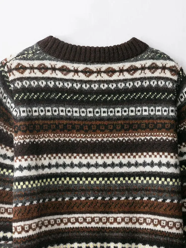 Mulheres outono inverno retro cashmere jacquard o-pescoço camisola de malha elegante senhora todos os jogos manga longa pulôver jumper topos