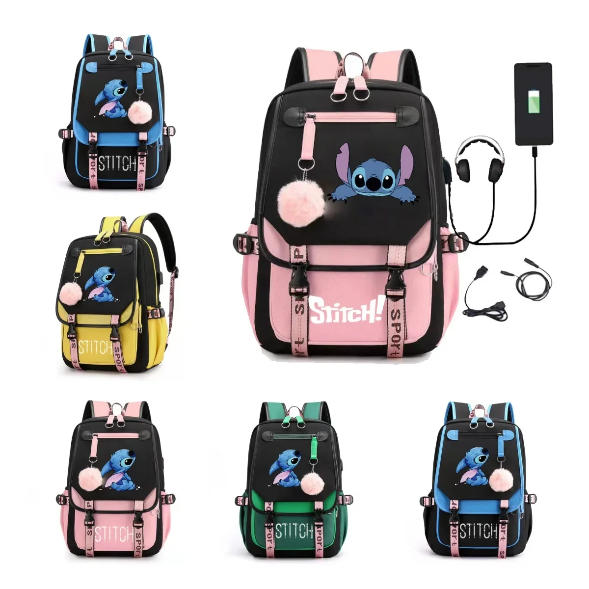 Disney New Stitch Stitch USB Charging Schoolbag Male and Female Lightening Zipper Shoulders Cartoon School Bag Mochila