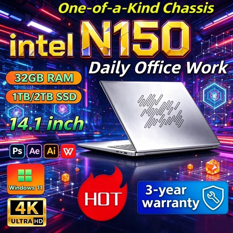 2026 Intel N150 Ultra Slim 14.1 Inch Laptop 32GB RAM 2TB SSD Gaming Notebook 1920x1080 Office Brisk Performance