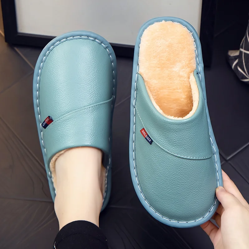 Leather Indoor Slippers Men Women Home Use Anti Slip Thick Bottom Warm Cotton Slippers Winter Waterproof Cowhide Surface