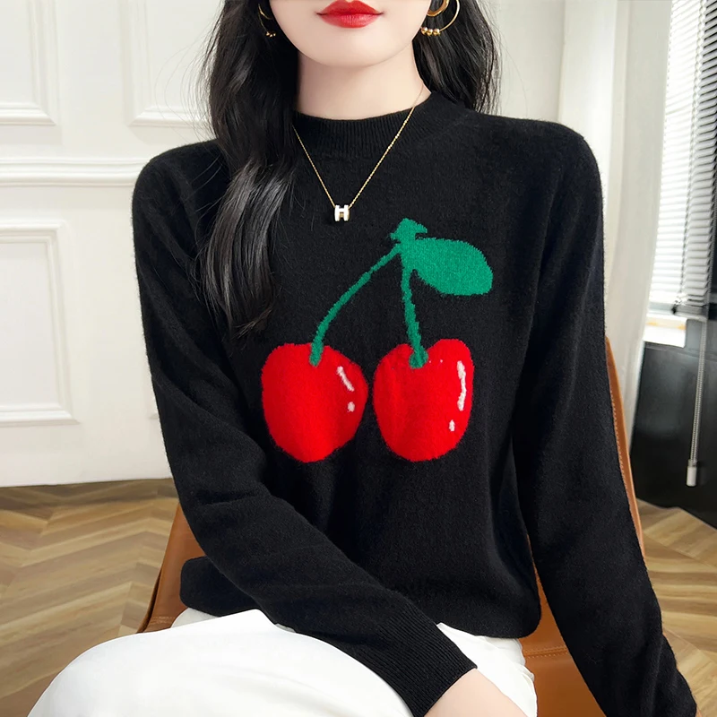 Wool Sweater Autumn Winter Women Loose Knitted Top Round Neck Embroidered Cherry Design Threaded Commute Fashion Top Pullover...