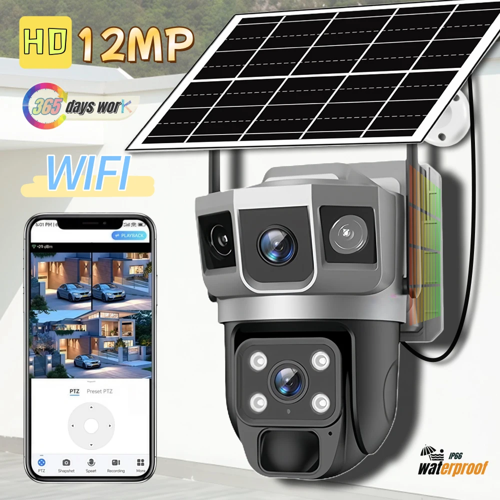 Outdoor Camera WiFi Wireless Solar CCTV Camera PIR Motion Detection Auto Tracking Color Night Vision V380 PTZ 12MP HD Monitor