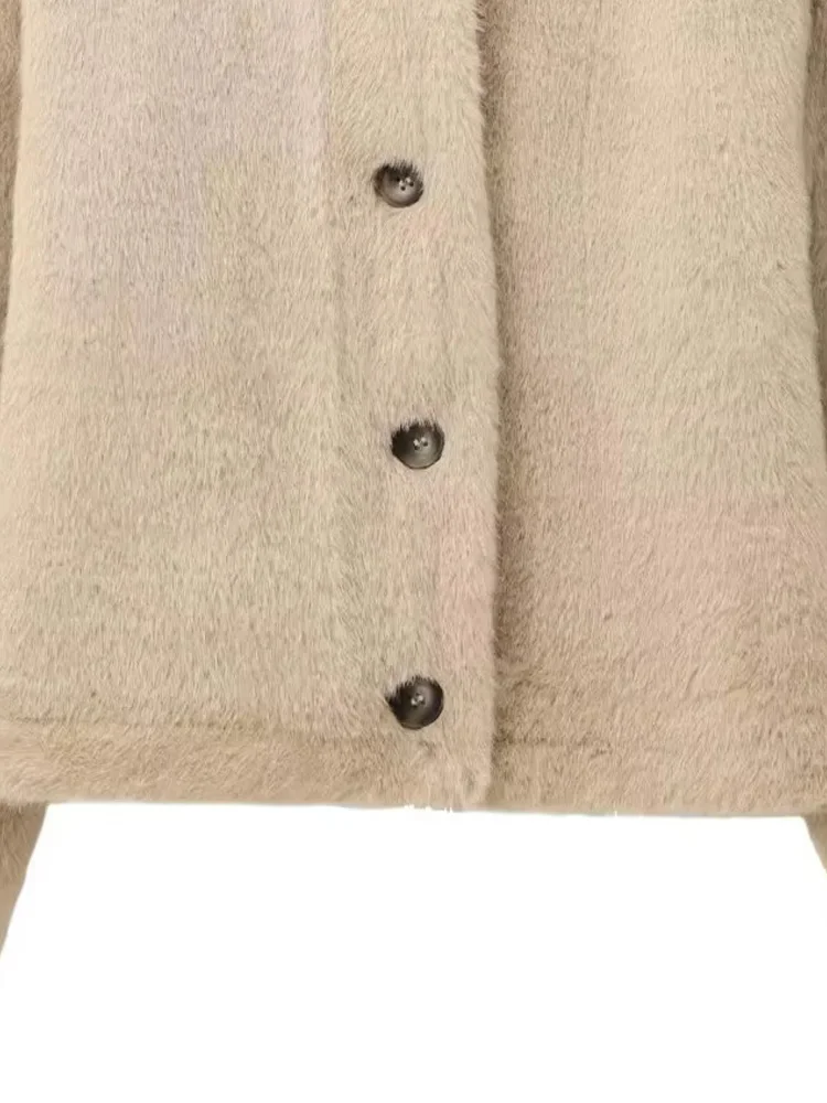 TRAZFA Women's Autumn New Fashion khaki Plush Faux Fur Effect Cropped Heavy Jacket Female Crew Neck Single Breasted Casual Coat