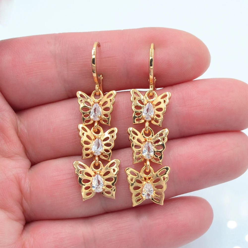 Gold Color Women Fashion Adorable Pink Zirconia CZ Butterfly Dangle Earrings Jewelry