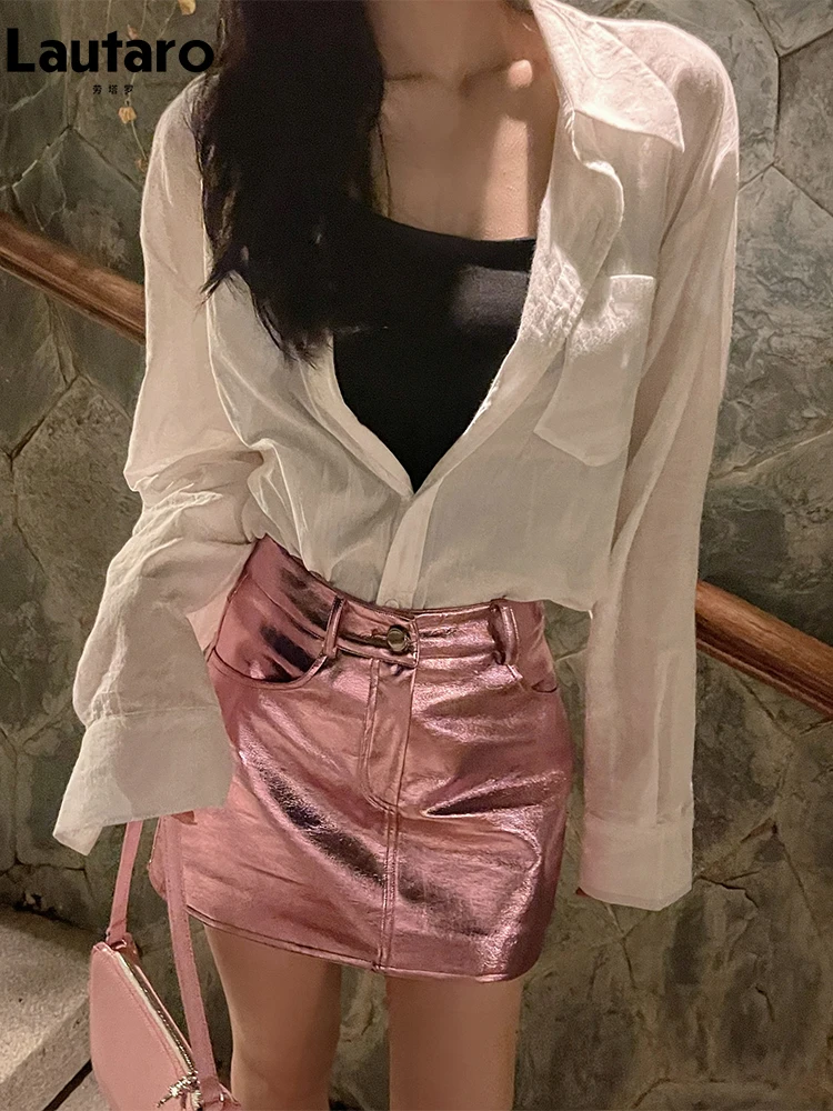 

Lautaro Summer Autumn Pink Silver Reflective Shiny Patent Leather Mini Skirts for Women High Waist A Line Short Sexy Y2K Clothes