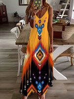 2024 New Vintage Ethnic Print Ladies Elegant Dress Summer Ladies Casual Sleeveless Dress Street Fashion Ladies Long Dress