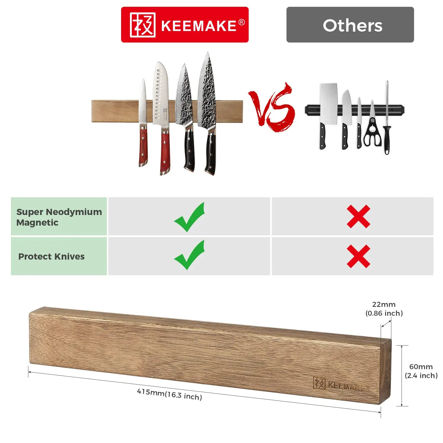 KEEMAKE Magnetic Knife Holder for Solid Wall Strip Powerful Magnet Wall Mount Acacia Wooden Knives Holder Kitchen Knife Strip