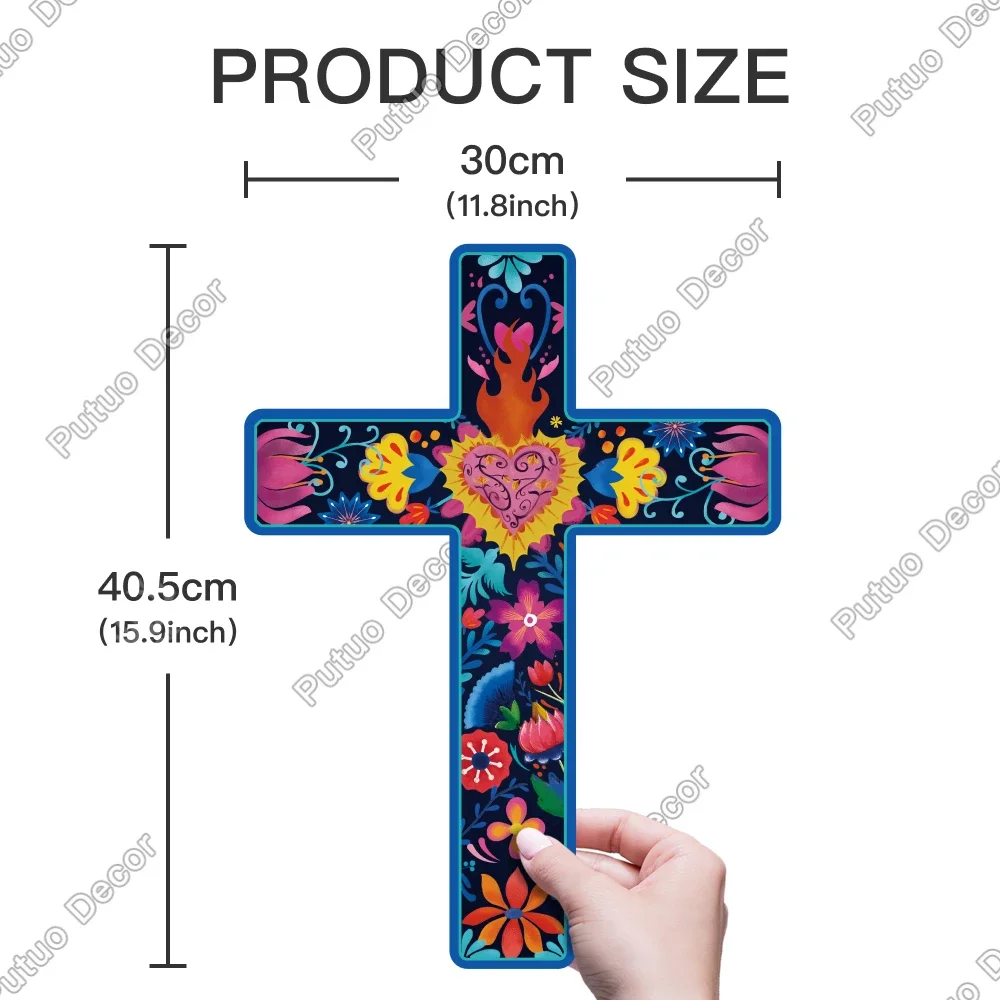 Putuo Decor Mexican Crucifix Wood Wall Decor, Day of the Dead Decoration Wooden Wall Mounted Cross for Home , 15.9 X 11.8 Inches