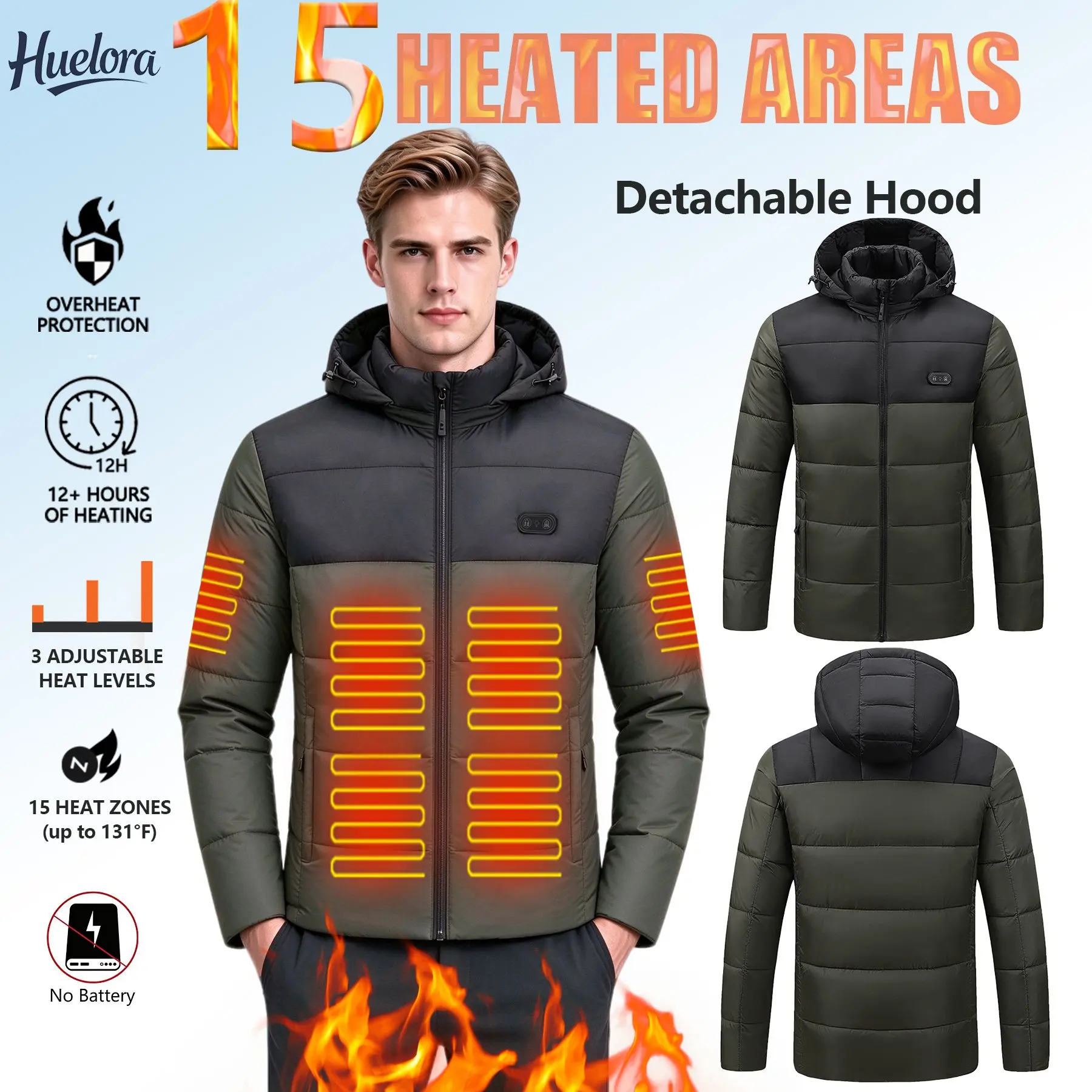 Men Heated Padded Jacket with Detachable Hood 15 Heating Zones 3 Heat Settings Washable Winter Warm Coat for Outdoor Camping