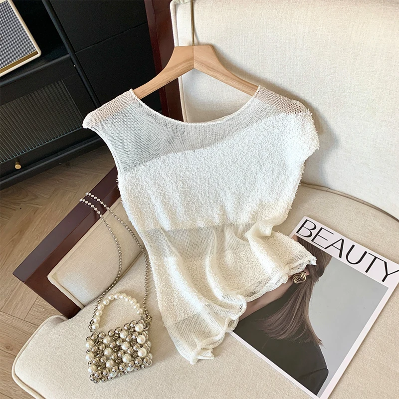 

Unique Knitted Mesh Splice Sleeveless Top for Women Breathable Lightweight Summer Fashion Anti-Uv Clothing Gentle Wind Style