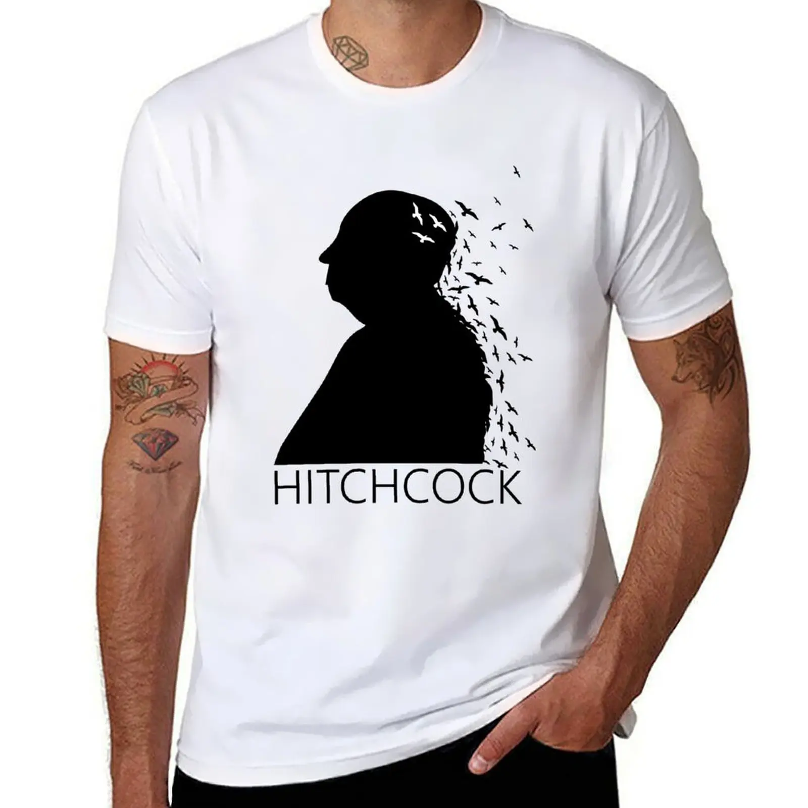 

Alfred - funny t Hitchcock t designer shirts White T-Shirt Birds Black Portrait man shirts