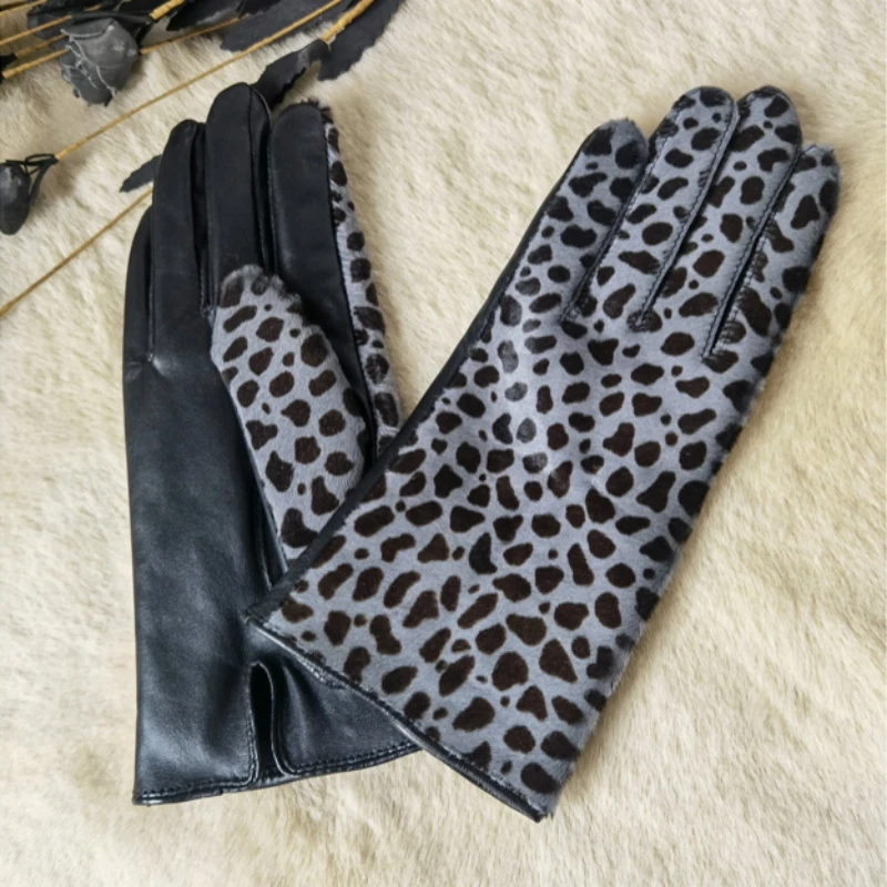 

Women Real Leather Leopard Gloves Suede Wrist Short Genuine Sheepskin Driving Warm Winter Glove