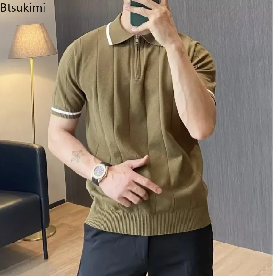 2025 Vintage High Quality Knit Tops for Men Summer Fashion Half Zip Lapel Short Sleeve Pullover Men Business Casual Polo Shirts