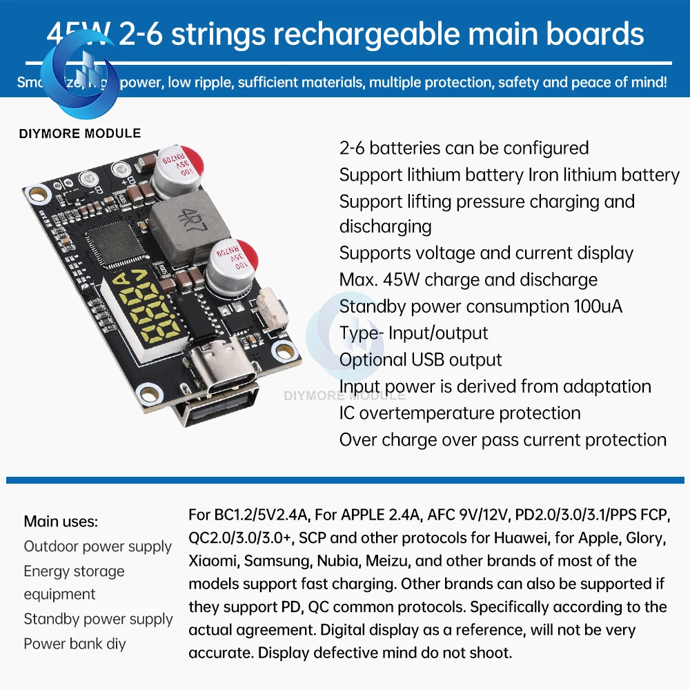 2-6S 45W Fast Charging Mobile Power Module DIY Circuit Board Support Lithium Battery and Lithium Iron Battery PD3.0