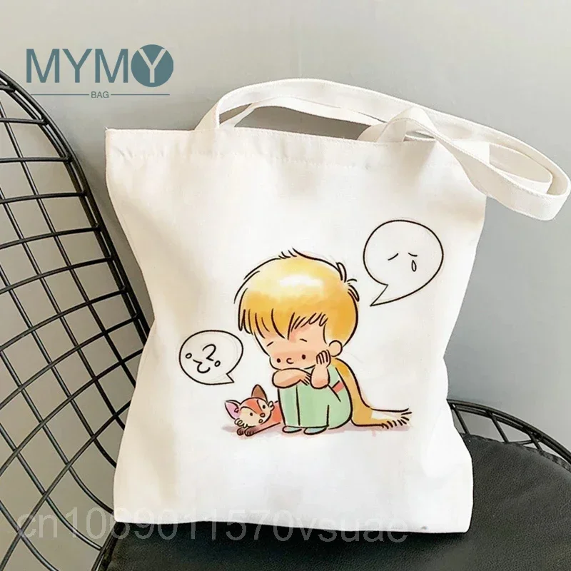 Little Prince Pattern Women Shoulder Bag Canvas Tote Bags Korea Style Reusable Shopping Bag Ladies Daily Versatile White Handbag