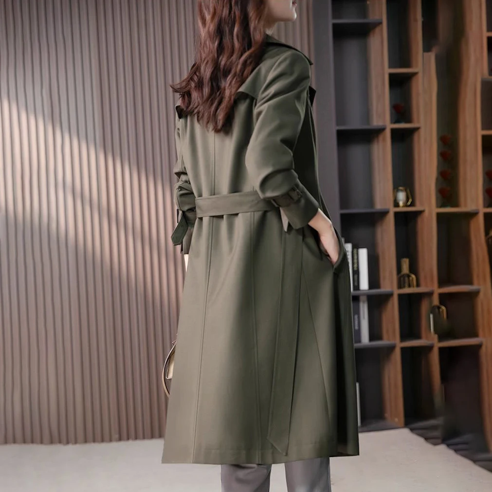 Women Dark Olive Long Trench Coat Lapel Double Breasted Waist Belt Epaulet Windproof Business Office Windbreaker Jacket