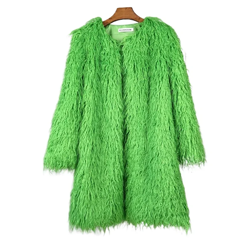 Winter Women's Fake Fur Coat O Neck Long Coat Mongolia Sheep Fur Green Artificial Fur Fashion Winter Clothes Women 2024 Mujer