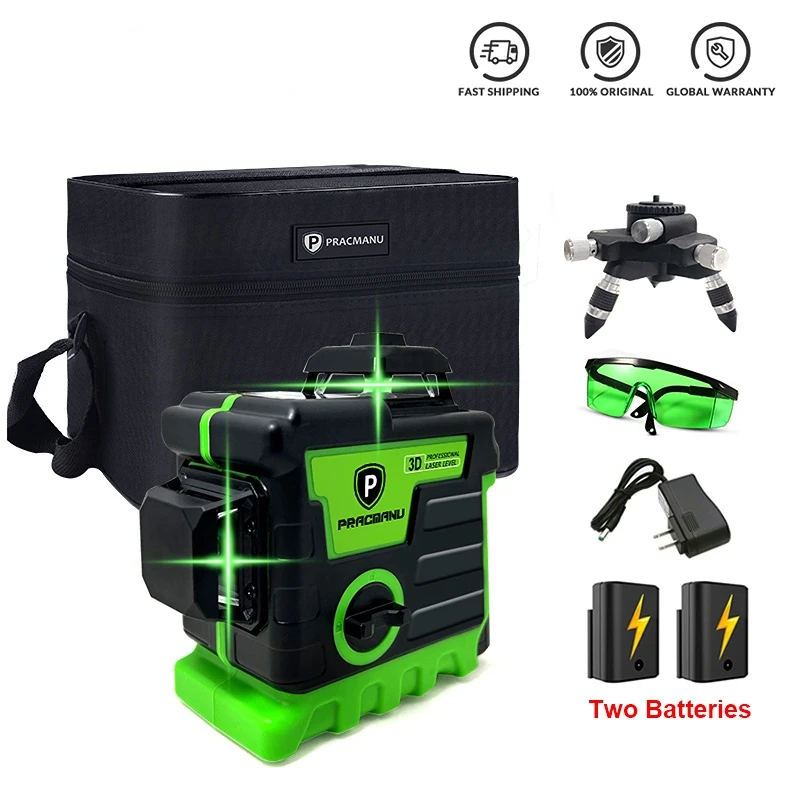 

Pracmanu 12 Lines 3D Green Laser Level Horizontal and Vertical Cross Lines with 360°Auto Self-Leveling laser level 1/2 Batteries