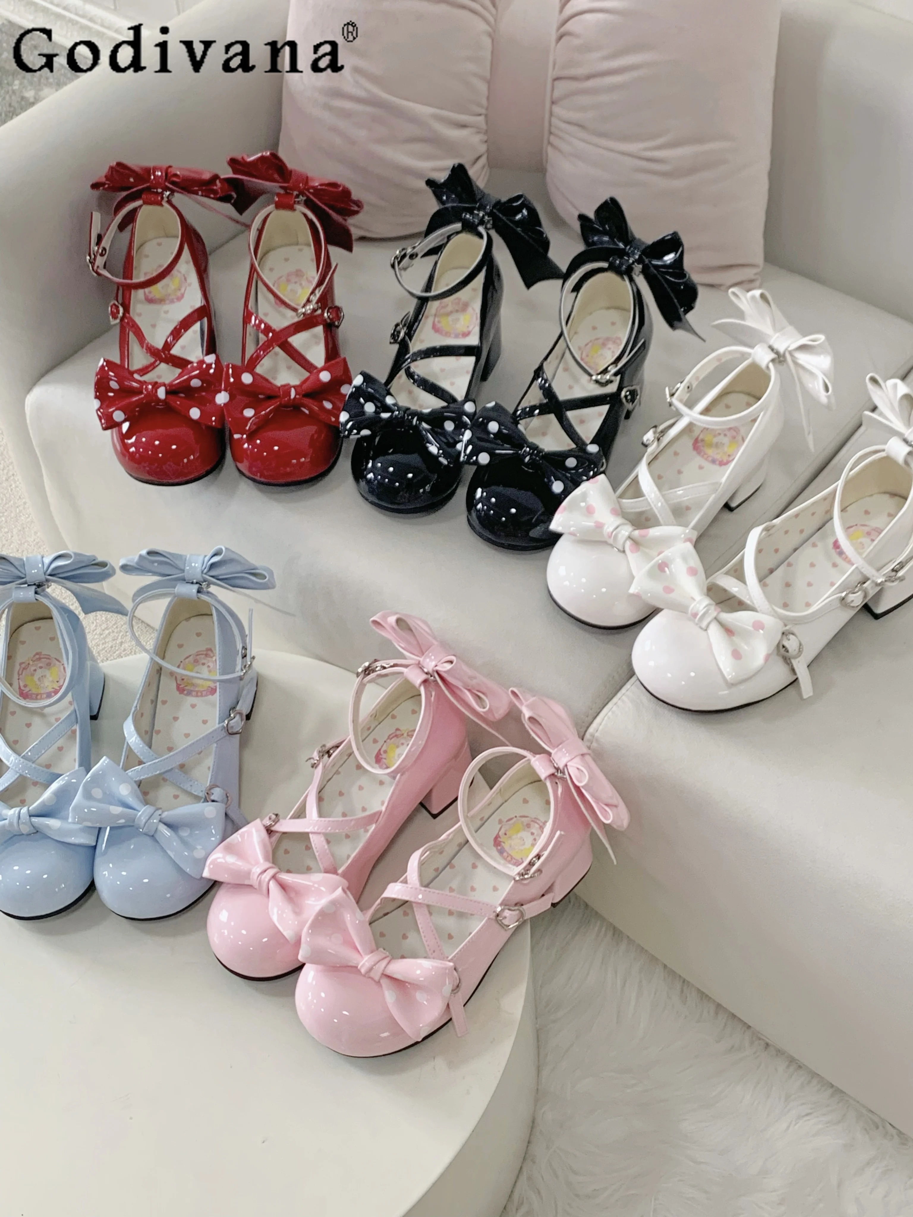 

New Fashion Japanese Style Lolita Polka Dot Bow Cute Girl High Heels Sweet Round Head Shoes Women's Mary Jean Single Shoes