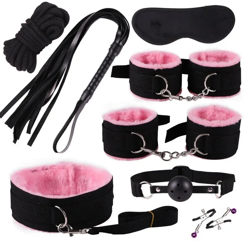 8pcs Sex Toy Kits for Couple Erotic Slave Bondage Set BDSM Soft Neck Handcuffs Adult Games Restraints Mouth Gags Nipple Clip Set