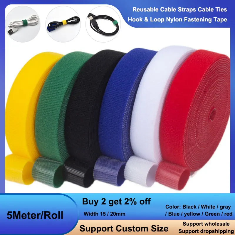 5Meter/Roll Reusable Cable Straps Cable Ties Self-adhesive Hook-and-loop Nylon Fastening Tape Hook Straps Wire Organizer