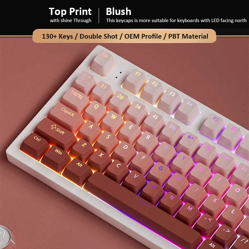 130 Key OEM Profile RGB Backlit Keyboard Keycap Blush PBT Double Shot Keycaps for Gateron MX Switches Mechanical Gaming Keyboard