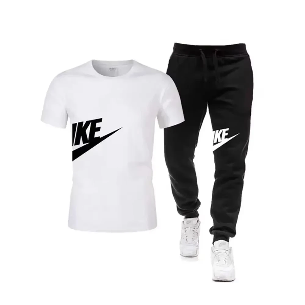 

New Summer Men's Pure Cotton Short Sleeve T-Shirt & Thin Long Pants 2-Piece Set, Comfortable Casual Sports Fitness, High Quality