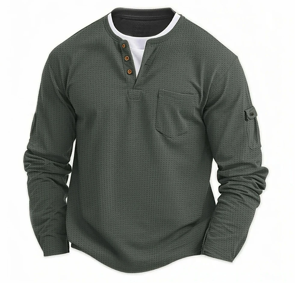 

Men's Waffle Cotton Henley Neck Long Sleeve Shirt, Casual Solid Color Button Down T-Shirt Fake Two Piece Fashion Top
