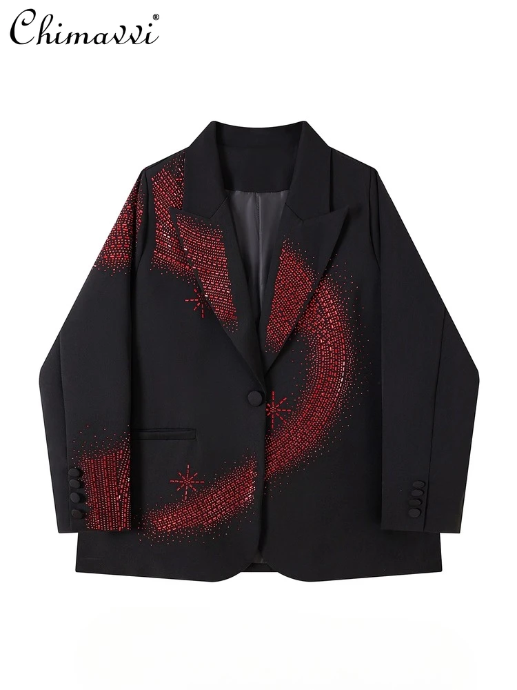 

French Elegant Fashion Commuter Heavy Industry Rhinestone Blazer Single Button Loose Casual Versatile Black Jackets Women Autumn