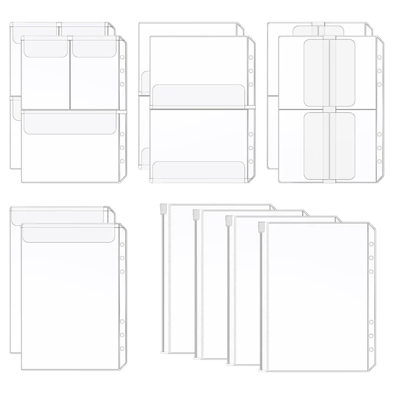 Set di tasche per raccoglitori AT82-A5 (12 pezzi), custodia per raccoglitori a 6 fori Borsa per fogli sciolti in PVC impermeabile Custodia per documenti trasparente con cerniera File Fol