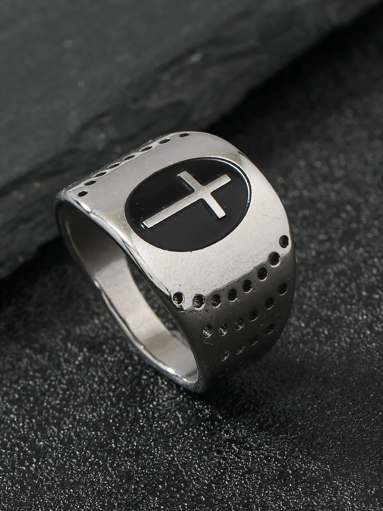 

Punk Style Cutout Corroded Blackened Oil Cross Titanium Steel Ring Women's Fashion Jewelry Hollow out Design Elegant Wedding ...